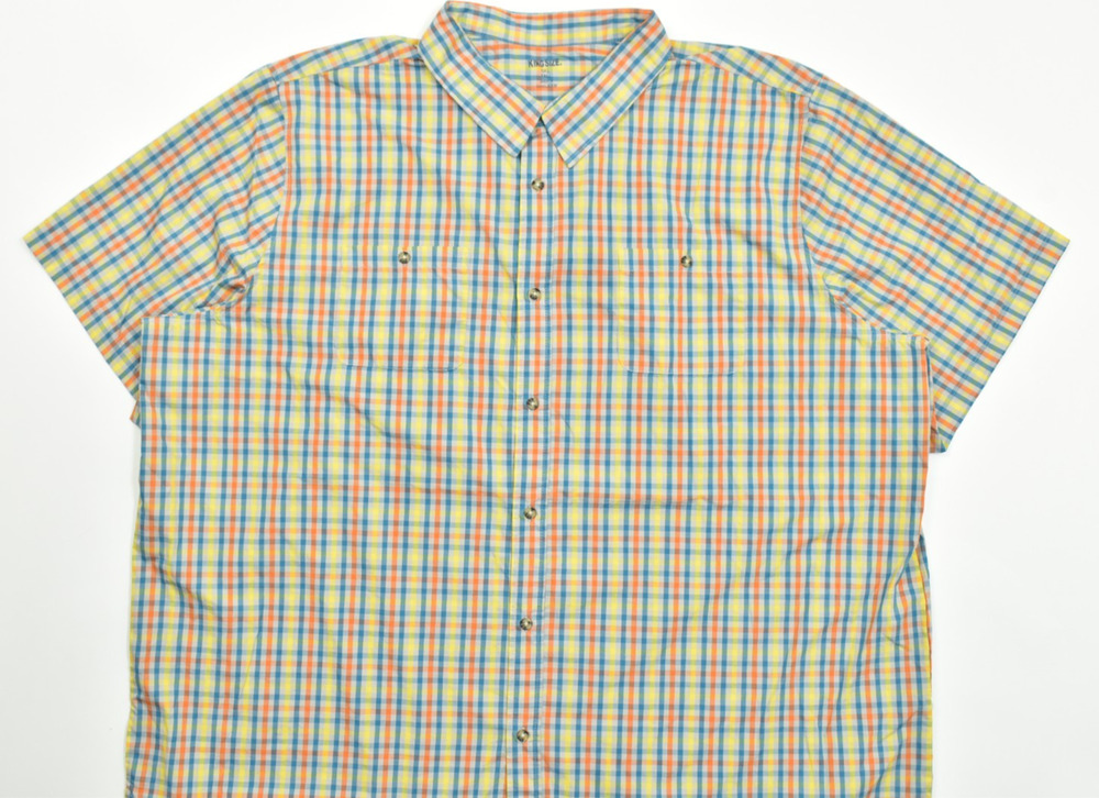 King Size Men's 5XL Tall Short Sleeve Button Down Plaid Shirt Multicolor Cotton
